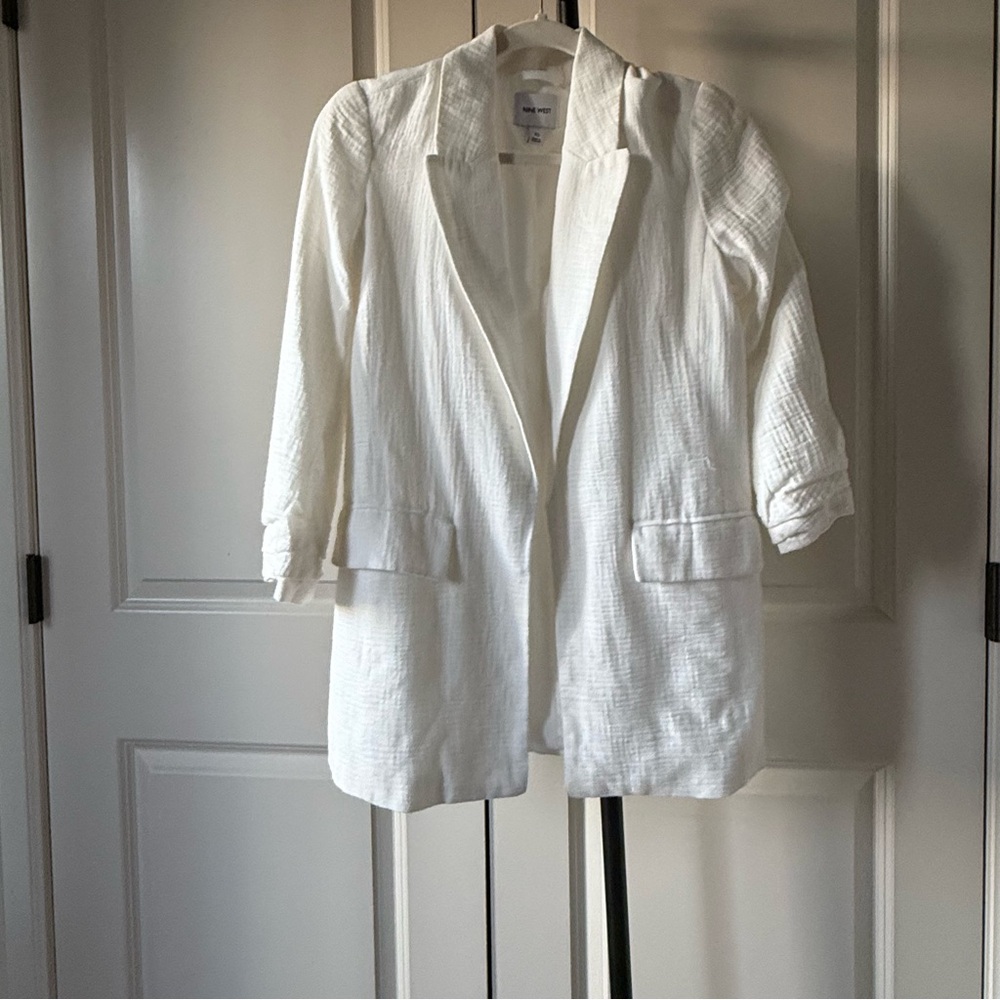 Nine West White Textured Blazer Lightweight Open Front Jacket XS Neutral